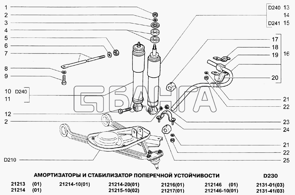 ВАЗ ВАЗ-21213-214i Схема Амортизаторы и стабилизатор поперечной